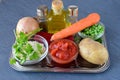 Ingredients for vegetable soup with rice. Step by step Royalty Free Stock Photo