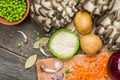 ingredients for vegetable soup. vegetables cucumber onions potatoes carrots mushrooms Royalty Free Stock Photo