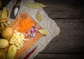 ingredients for vegetable soup. vegetables cucumber onions potatoes carrots Royalty Free Stock Photo