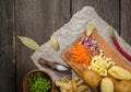 ingredients for vegetable soup. vegetables cucumber onions potatoes carrots Royalty Free Stock Photo