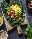Ingredients for vegetarian chard packets. Chard leaves stuffed with turmeric lentils and vegetables. Vegetarian healthy food Royalty Free Stock Photo