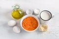 Ingredients for vegetarian dish, lentil bread, pancakes, casseroles: red lentils, yogurt, olive oil, eggs, sesame seeds, baking Royalty Free Stock Photo