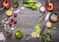 Ingredients for a vegetarian meal lettuce leaves on a lemon pepper garlic sliced radishes space text rustic wooden backgrou