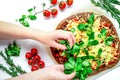 Ingredients and vegetarian pizza on white table background top view Royalty Free Stock Photo