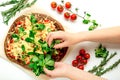 Ingredients and vegetarian pizza on white table background top view Royalty Free Stock Photo