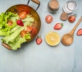 Ingredients vegetarian salad with strawberry, cherry tomatoes, lemon and spices, healthy food and top view space for text, Border