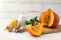 Ingredients for a warming autumn soup recipe with red kuri squash, coconut milk and ginger for Thanksgiving and Halloween, white