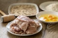 Ingredients for wiener schnitzels, chicken meat, eggs, breadcrumbs and flour