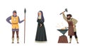 Inhabitants of the medieval city set. Guard, nun, blacksmith characters vector illustration