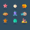 Inhabitants of Sea and Ocean. Flat Vector Illustration Set. Royalty Free Stock Photo