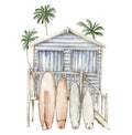 Watercolor beach blue house with palm Royalty Free Stock Photo