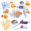 Inhabitants of the underwater marine world, elements of flora and fauna.