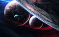 Inhabited deep space planets in light of blue and red stars Royalty Free Stock Photo