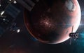 Inhabited Mars. Space station blurred in motion against backdrop of red planet of solar system. 3D render