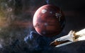 Inhabited Mars. Space stations, shuttle on background of red planet of solar system. 3D Render