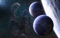 Inhabited planets of deep space against background of the Pillars of Creation. Beautiful deep space landscape Royalty Free Stock Photo