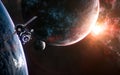 Inhabited planets of deep space. Space station orbiting planet Royalty Free Stock Photo