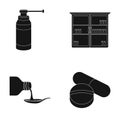 Inhaler, medical cabinet, tablets, syrup in a spoon.Mtdicine set collection icons in black style vector symbol stock