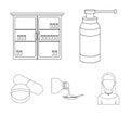 Inhaler, medical cabinet, tablets, syrup in a spoon.Mtdicine set collection icons in outline style vector symbol stock