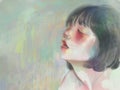 Inhaling, blushing girl with red cheeks in peaceful soft pastel colors