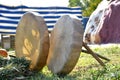 Drums and their sticks with two bunches of rosemary. Royalty Free Stock Photo