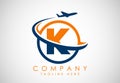 Initial alphabet K with aeroplane. Travel icons. Aviation logo sign, Flying symbol. Flight icon