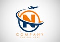 Initial alphabet N with aeroplane. Travel icons. Aviation logo sign, Flying symbol. Flight icon