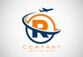 Initial alphabet R with aeroplane. Travel icons. Aviation logo sign, Flying symbol. Flight icon