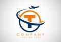 Initial alphabet T with aeroplane. Travel icons. Aviation logo sign, Flying symbol. Flight icon