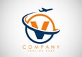 Initial alphabet V with aeroplane. Travel icons. Aviation logo sign, Flying symbol. Flight icon