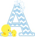 Initial a with bubbles and cute baby rubber duck