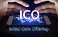 Initial coin offering and hand man protection smartphone with ICO concept.