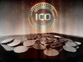 Initial Coin Offering ICO hologram led hover over collapsed regular coins on old ledger book.