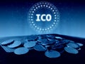 Initial Coin Offering ICO hologram led hover over collapsed regular coins on old ledger book.
