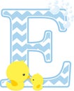 Initial e with cute baby rubber duck