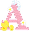 Initial a with flowers and cute rubber duck and mom Royalty Free Stock Photo