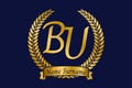 Initial letter B and U, BU monogram logo design with laurel wreath. Luxury golden calligraphy font