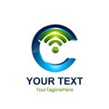 Initial letter C logo template colored blue green with wifi icon