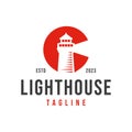 Initial Letter C tower building with light source at the top Lighthouse Marine navigator Logo Design Vector