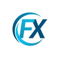 initial letter FX logotype company name blue circle and swoosh design. vector logo for business and company identity