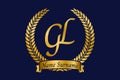 Initial letter G and L, GL monogram logo design with laurel wreath. Luxury golden calligraphy font