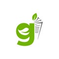 Initial letter G with paper and leaf shape in green