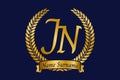 Initial letter J and N, JN monogram logo design with laurel wreath. Luxury golden calligraphy font