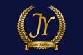 Initial letter J and Y, JY monogram logo design with laurel wreath. Luxury golden calligraphy font