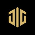 Initial letter JIG or GIG hexagon logo, gold on black background, vector illustration design