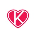 Initial letter K heart logo design, alphabet K love icon vector Royalty Free Stock Photo