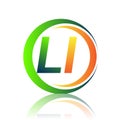 initial letter logo LI company name green and orange color on circle and swoosh design. vector logotype for business and company