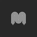 Initial Letter M logo monogram, black and white smooth thin lines, sleek curved linear shape, modern typography minimal design