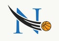 Initial Letter N Basketball Logo Concept With Moving Basketball Icon. Basket Ball Logotype Symbol Vector Template