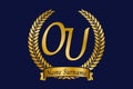 Initial letter O and U, OU monogram logo design with laurel wreath. Luxury golden calligraphy font